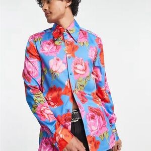 ASOS Blue Pink Floral Satin Feel Button Down Blouse Long Sleeve Top